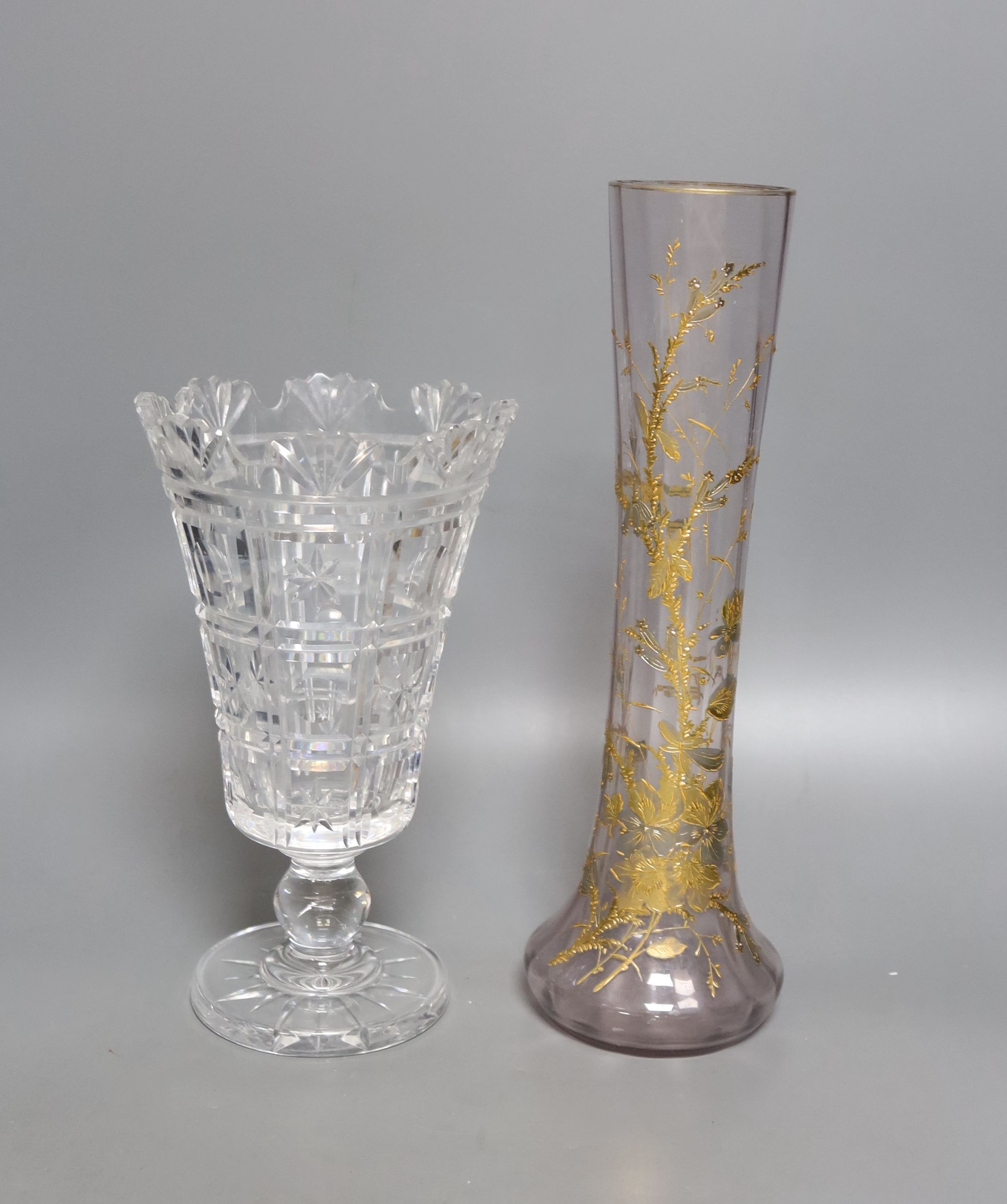 A Bohemian gilt decorated glass vase and a Waterford cut glass vase, tallest 33 cm